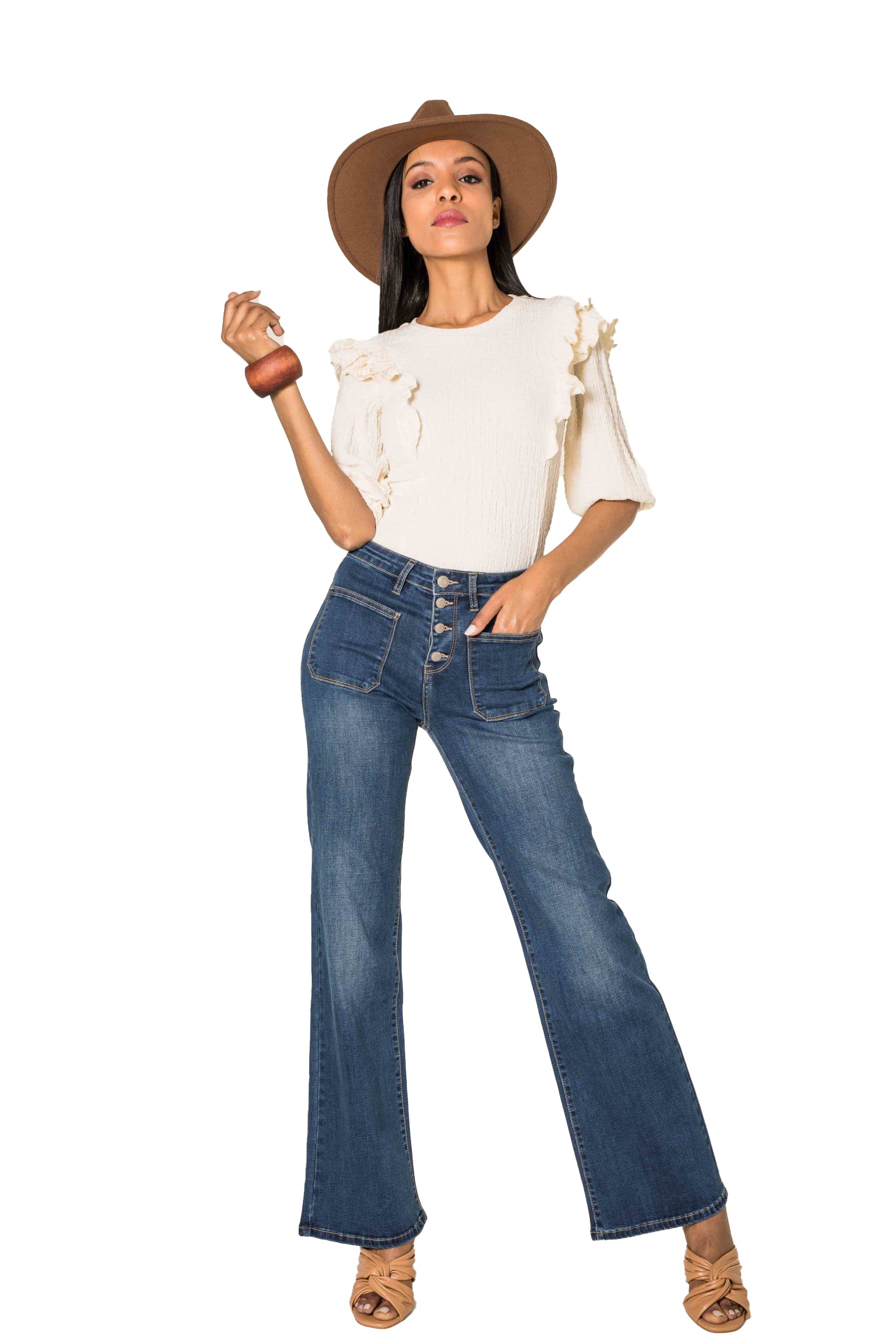 Nina Carter Flared Bootcut Jean pour Femme Taille Haute Évasé Vintage Effet Usé Stretch