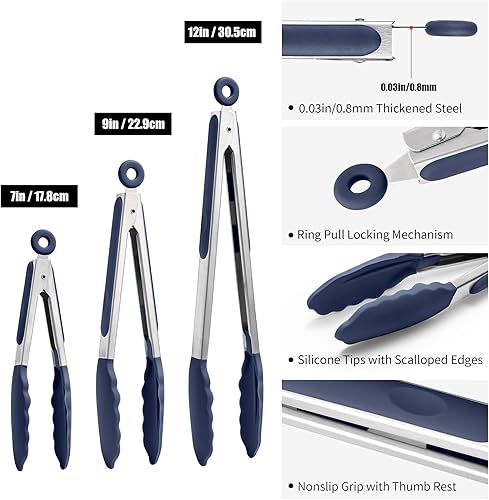 Miniatura 2 de Doosu Pinzas de cocina para cocinar juego de pinzas para alimentos resistentes al calor de 600 F con puntas de silicona antiarañazos, pinza de
