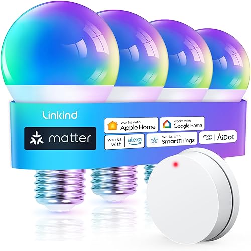 Linkind Matter - Bombilla inteligente, bombillas inteligentes WiFi con control remoto, bombilla inteligente funciona con Apple Home, Alexa, Google