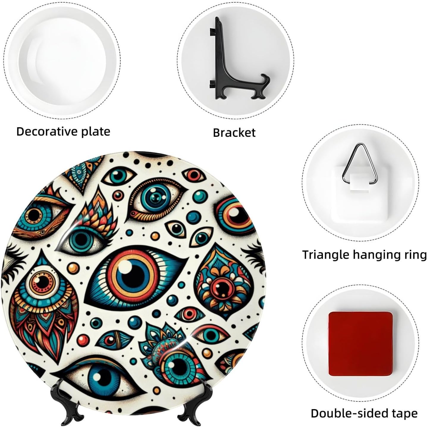 The-Colorful-Evil-Eye 10 Inch Decorative Plate With Stand, Elegant Display Wall Plate For Home Decor