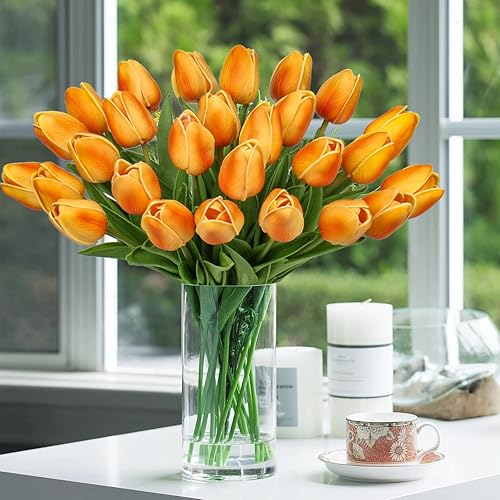 Miniatura 5 de 10 piezas de tulipanes rosados, flores artificiales de tacto real, tulipanes falsos para decoración de 13.5 pulgadas, tulipanes sintéticos, flores