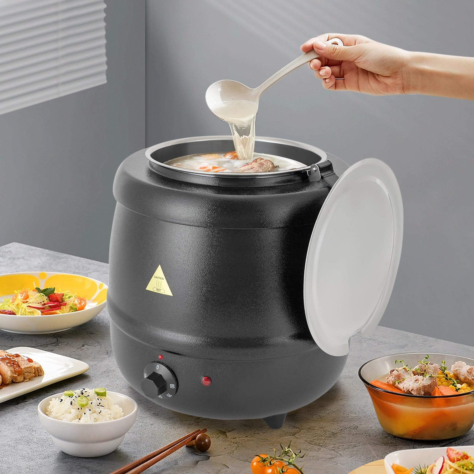 Olla eléctrica para sopa de 10 l, 400 W, con inserto extraíble de acero inoxidable y tapa abatible, calentador eléctrico profesional para sopa, regulable hasta 80 °C aprox