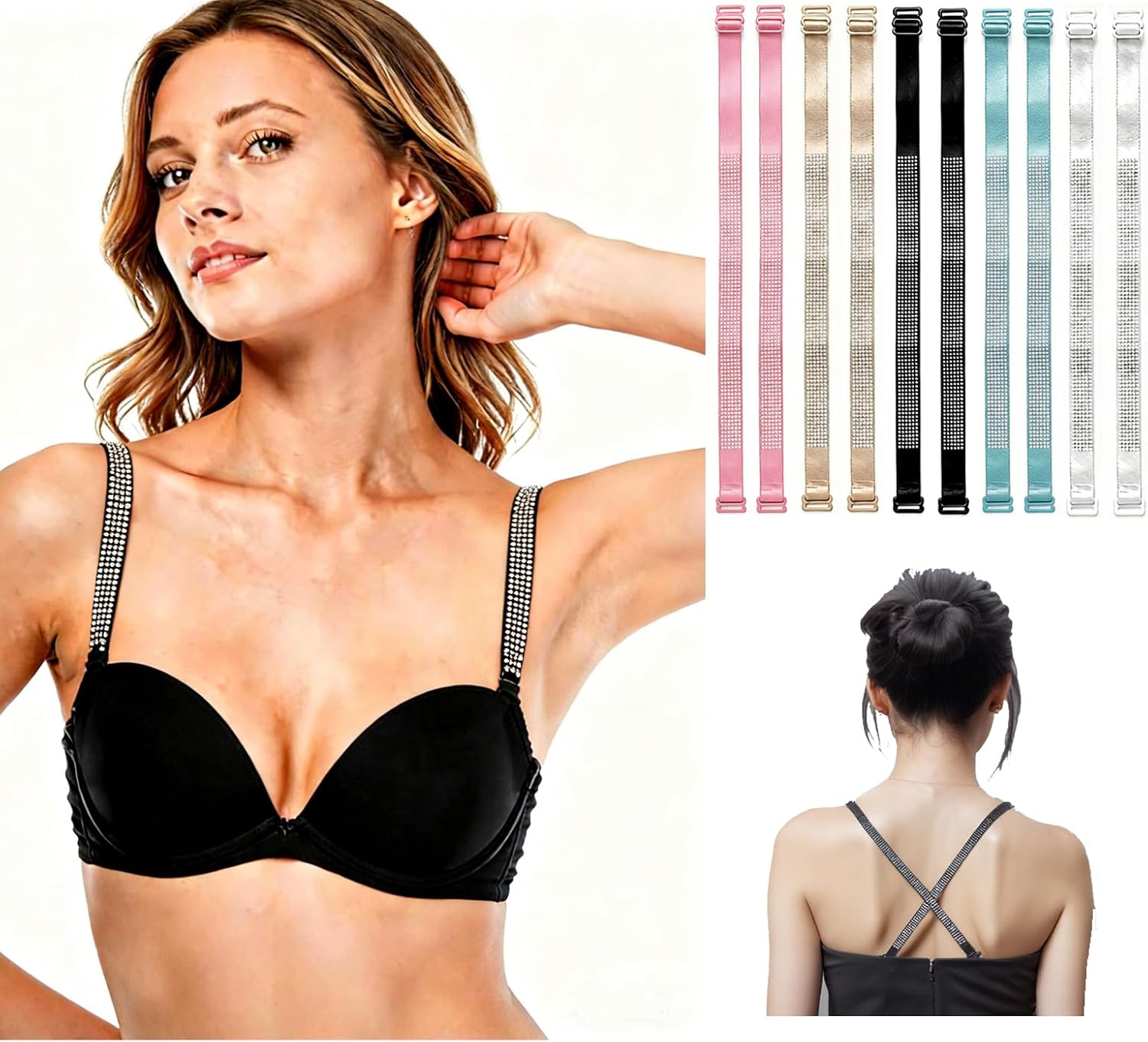 Women‘s 10 Pairs Rhinestone Bra Straps Invisible Convertible Shoulder Straps for Lingerie Non-Slip Adjustable Elastic Stretchy Breathable Bra Accessories