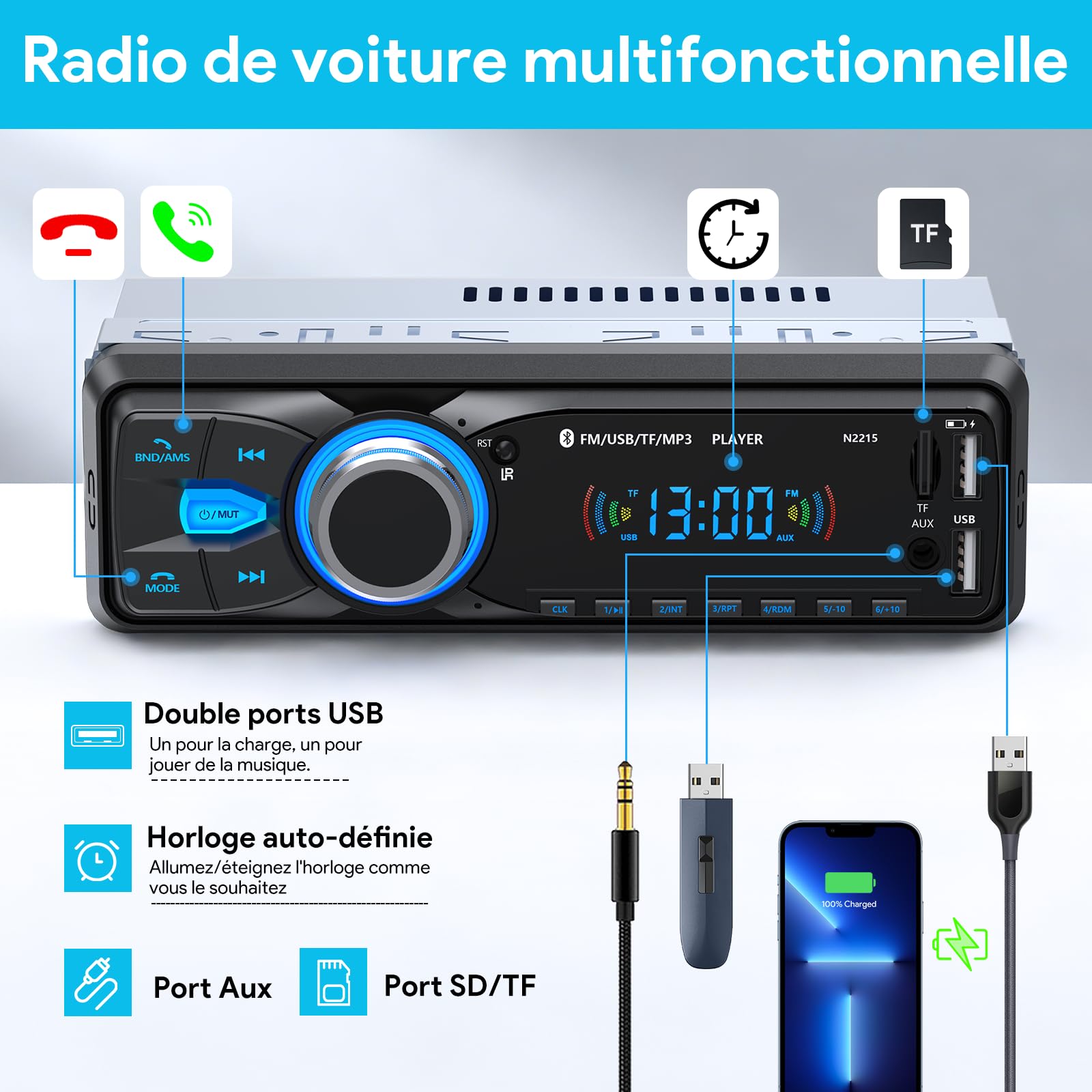 Autoradio Bluetooth, Wistrue Poste Radio Voiture Bluetooth avec Main Libre, FM 1 DIN Autoradio avec Port de Charge USB (2.1A), Lecteur MP3 et 2 USB/AUX/SD, Supporte WMA/WAV