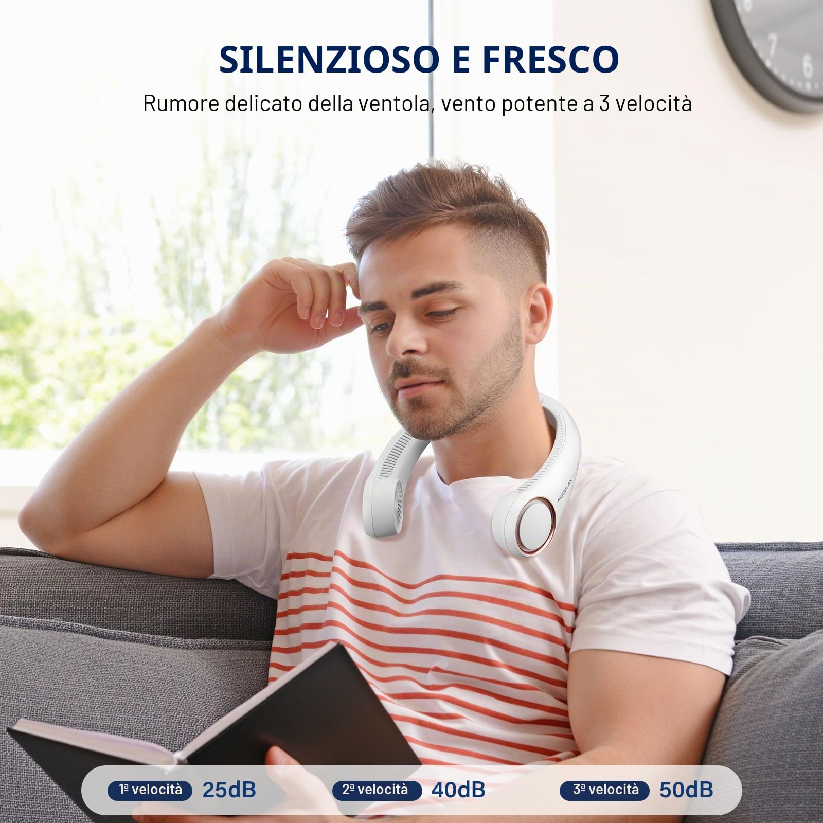 Morelax Ventilatore da Collo Portatile, 4000mAh USB Ricaricabile, Senza Pale Silenzioso, 3 Velocità Regolabili - Ideale per Ufficio, Viaggio, Sport e Attività All'aperto