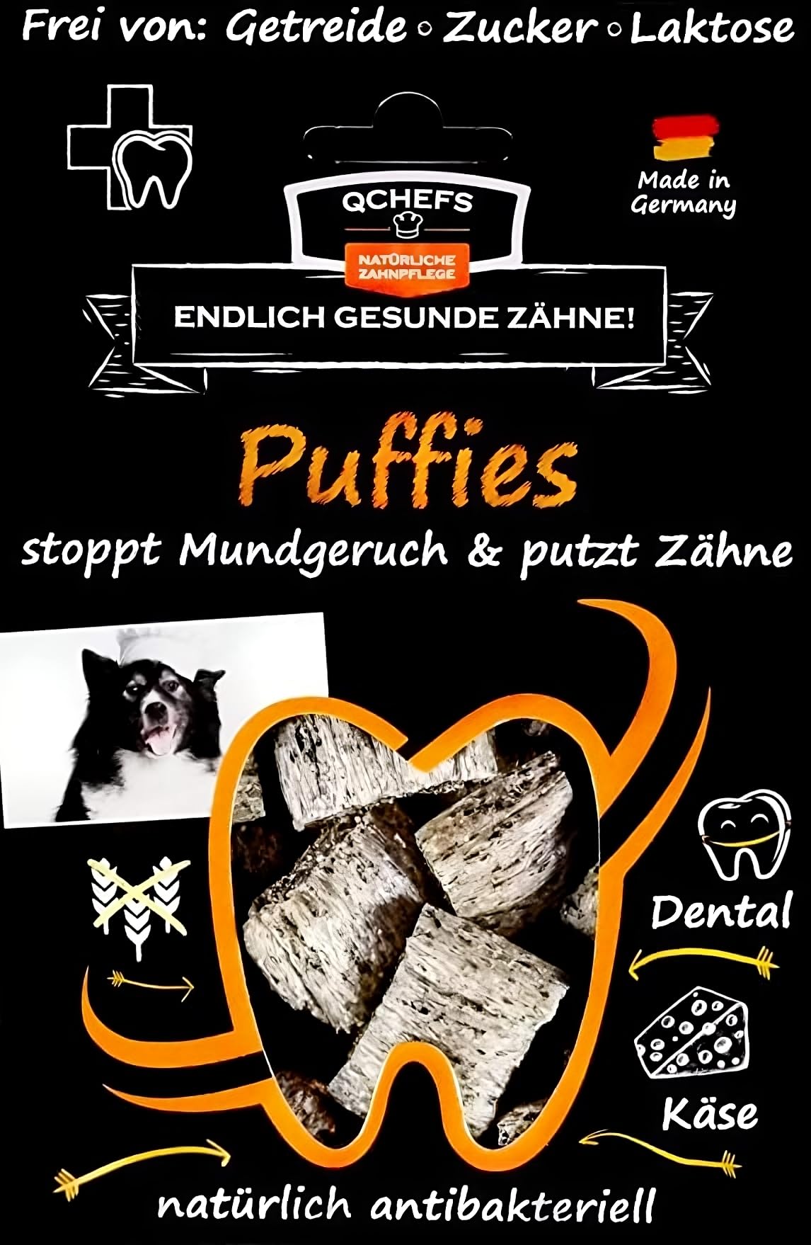 QCHEFS PUFFIES Hundeleckerli bei Mundgeruch, Zahnfleischentzündung als Zahnsteinentferner durch natürlich antibakterielle Zahnpflege ohne Dentalspray, Zahnbürste oder Zahnpasta