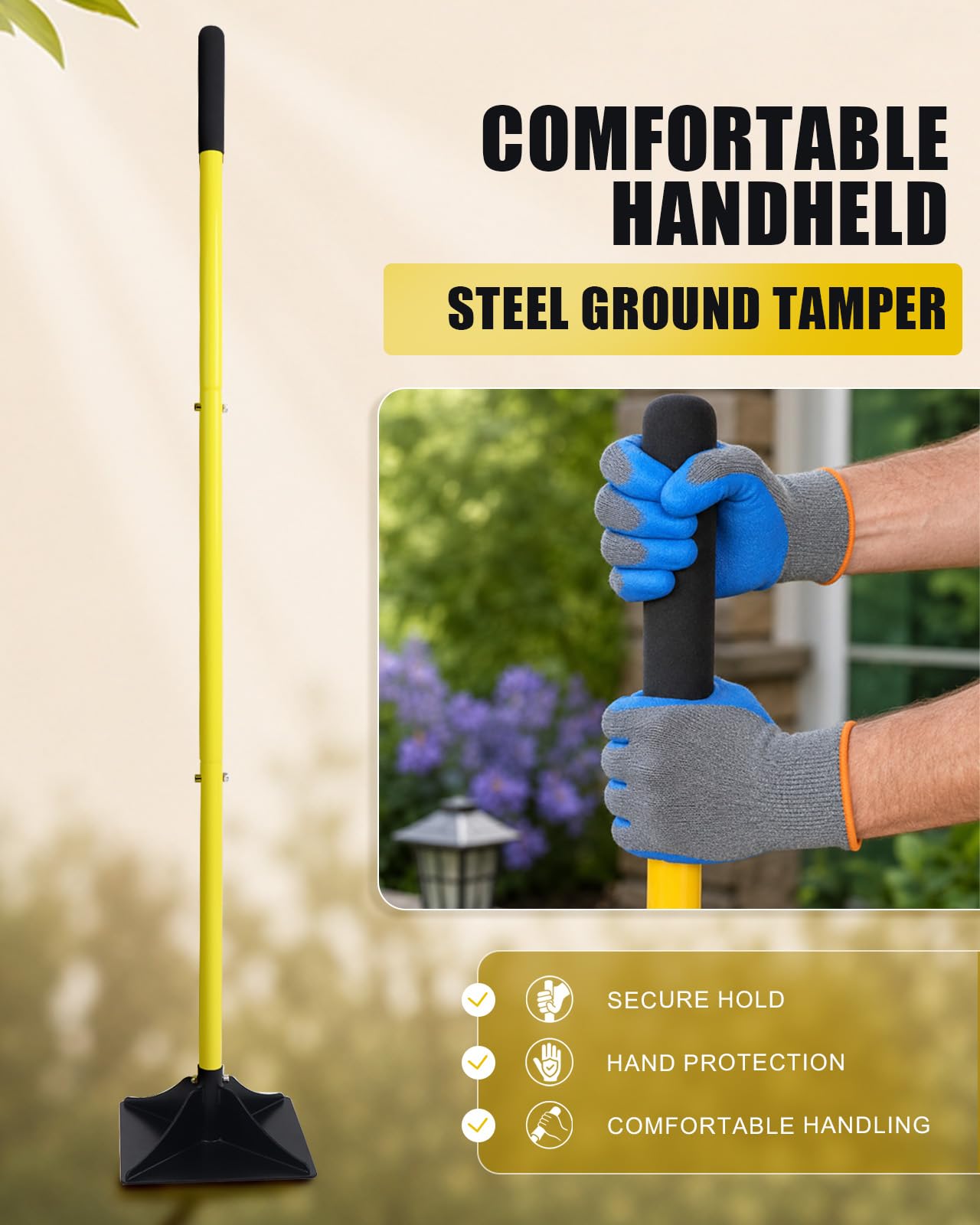 20 x 20 cm in acciaio strumento manomissione terra Heavy Duty mano manomissione compattatore suolo | Manomissione manuale con guanti da lavoro per livellare terreno, ghiaia, asfalto, finitrici, vialetti, terrazze e giardini
