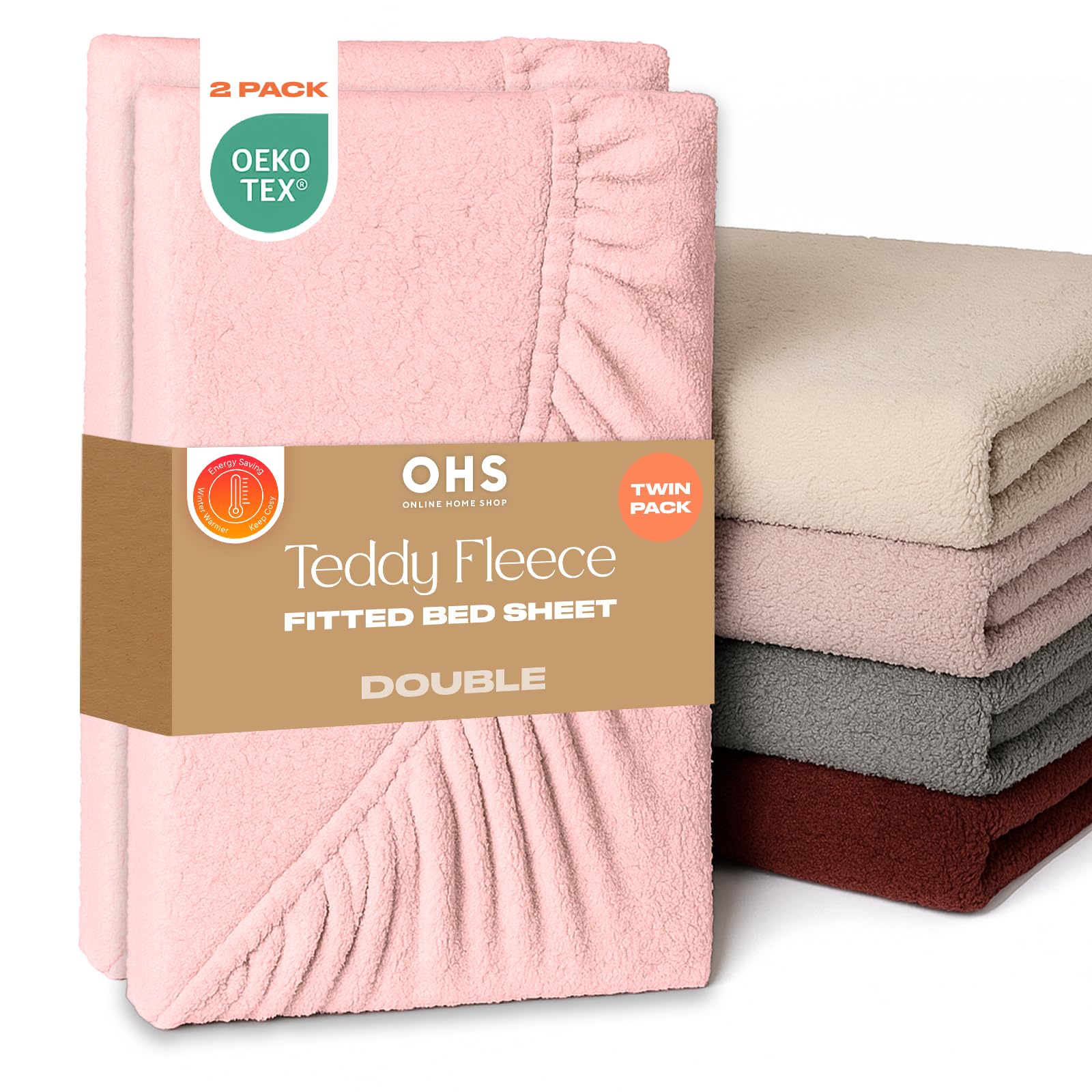 Brentfords Pink 2 Pack Fitted Sheet Double, Teddy Fleece Fitted Sheet Bed Cover Deep Pocket 25Cm Fluffy Bedding Fade Resistant Cuddly Cosy Teddy Bear Bedding, - Double
