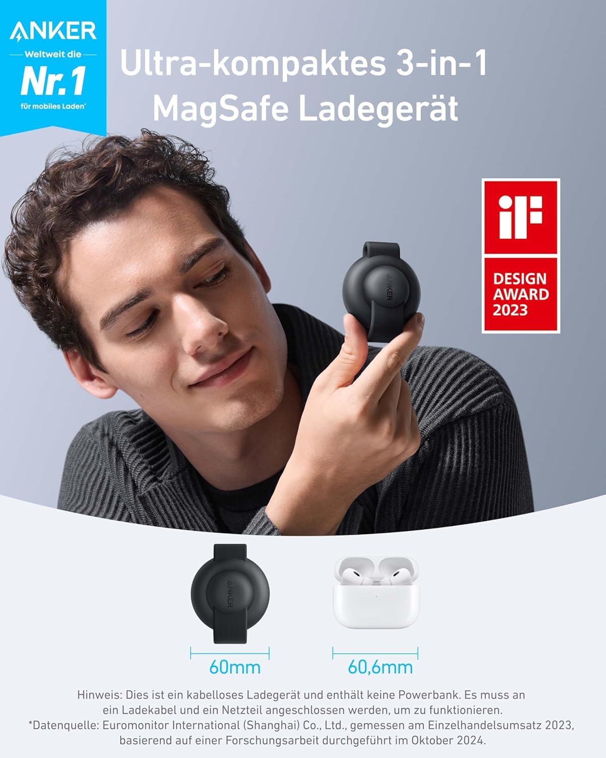Anker MagGo 3-in-1 Kabellose Ladestation (mit EU/US/UK Stecker), MagSafe-Kompatibles Qi2-Zertifiziertes 15W Ladegerät, Faltbares Reise-Ladepad für iPhone 17/16, AirPods, Apple Watch (Keine Powerbank)