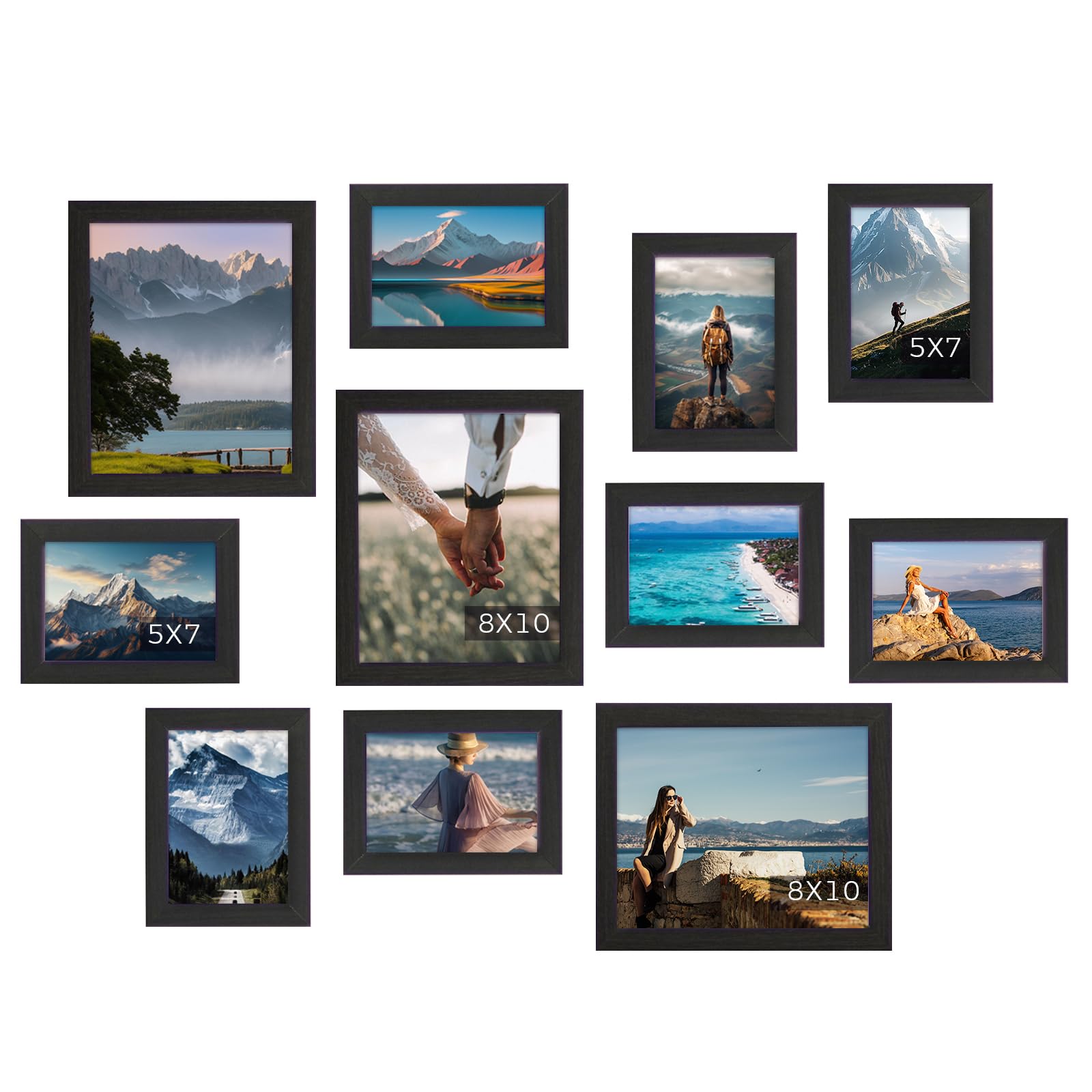 Muzilife Picture Frame Set of 11 Gallery Wall Frame Collage with Three 8×10 and Eight 5×7 Photo Frames for Photos, Paintings, Landscape, Posters, Artwork, Perfect for Wall Decor, Black