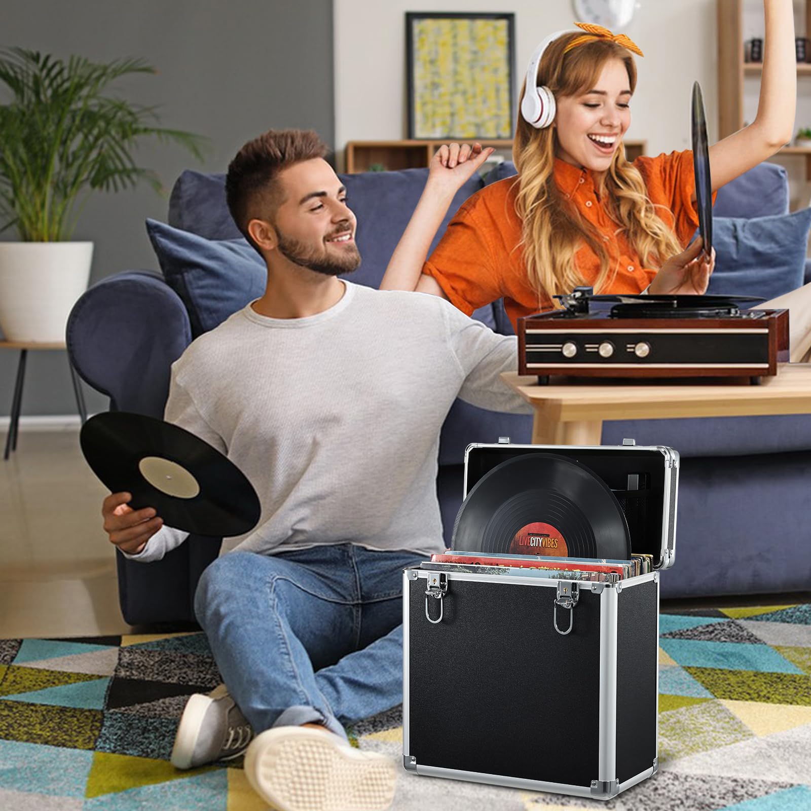 Caja para Vinilos Almacenamiento Transporte con Bolsillo de Malla Cierre Capacidad 45 Discos para Coleccionistas Negro