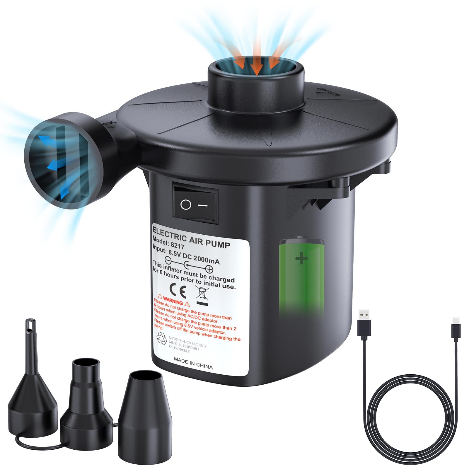 PULIDIKI Electric Air Pump for Inflatables, Battery Air Pump, Rechargeable Air Mattress Pump with 3 Nozzles, Inflator Deflator for Air Mattress Beds, Air Sofa, Boat, Pool Toys, Swimming Rings