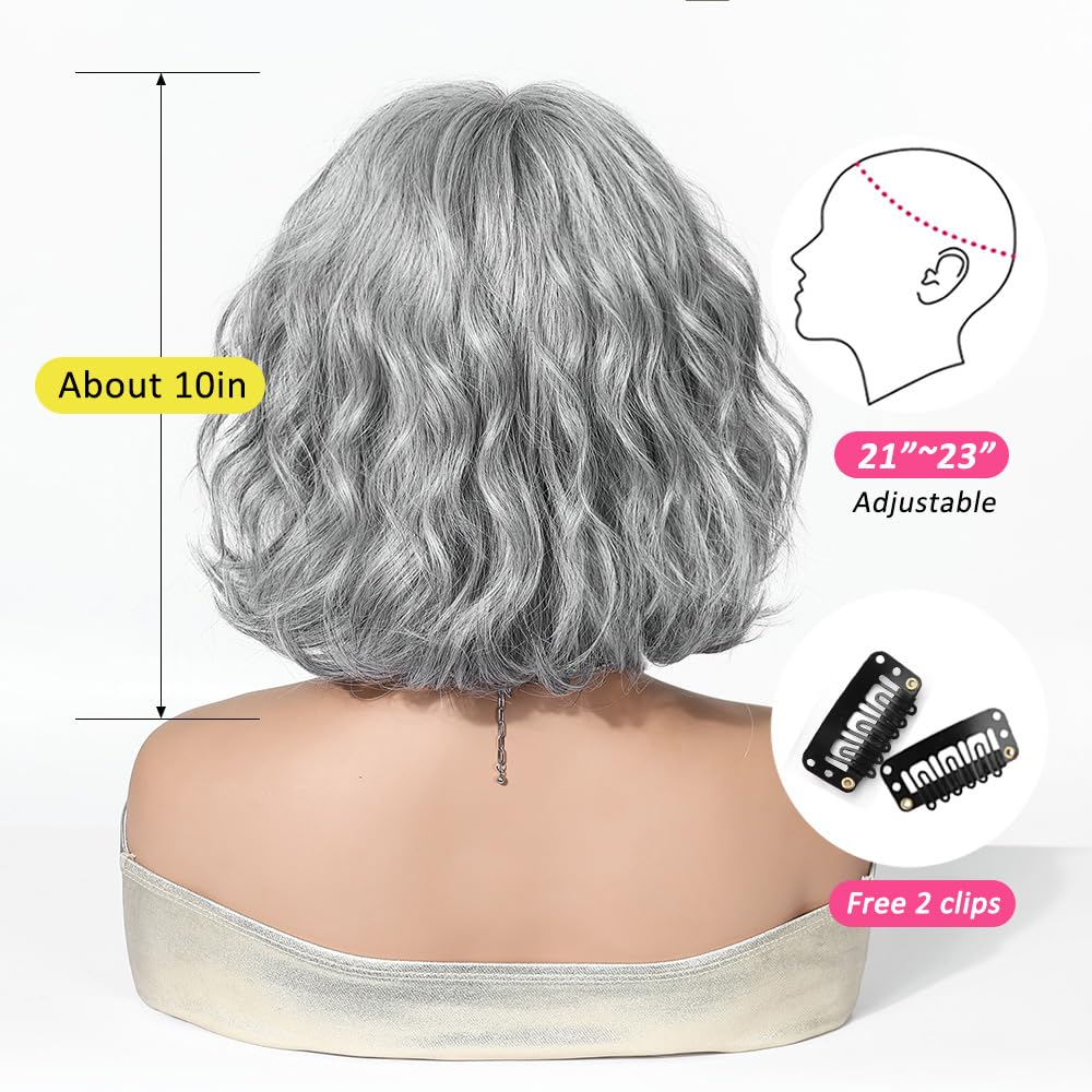 OUFEI Gray White Bob Wigs for Women Short Wavy Wig With Bangs with Dark Roots Natural Synthetic Hair Heat Resistant Wigs for Daily Party Cosplay Wear - Image 4