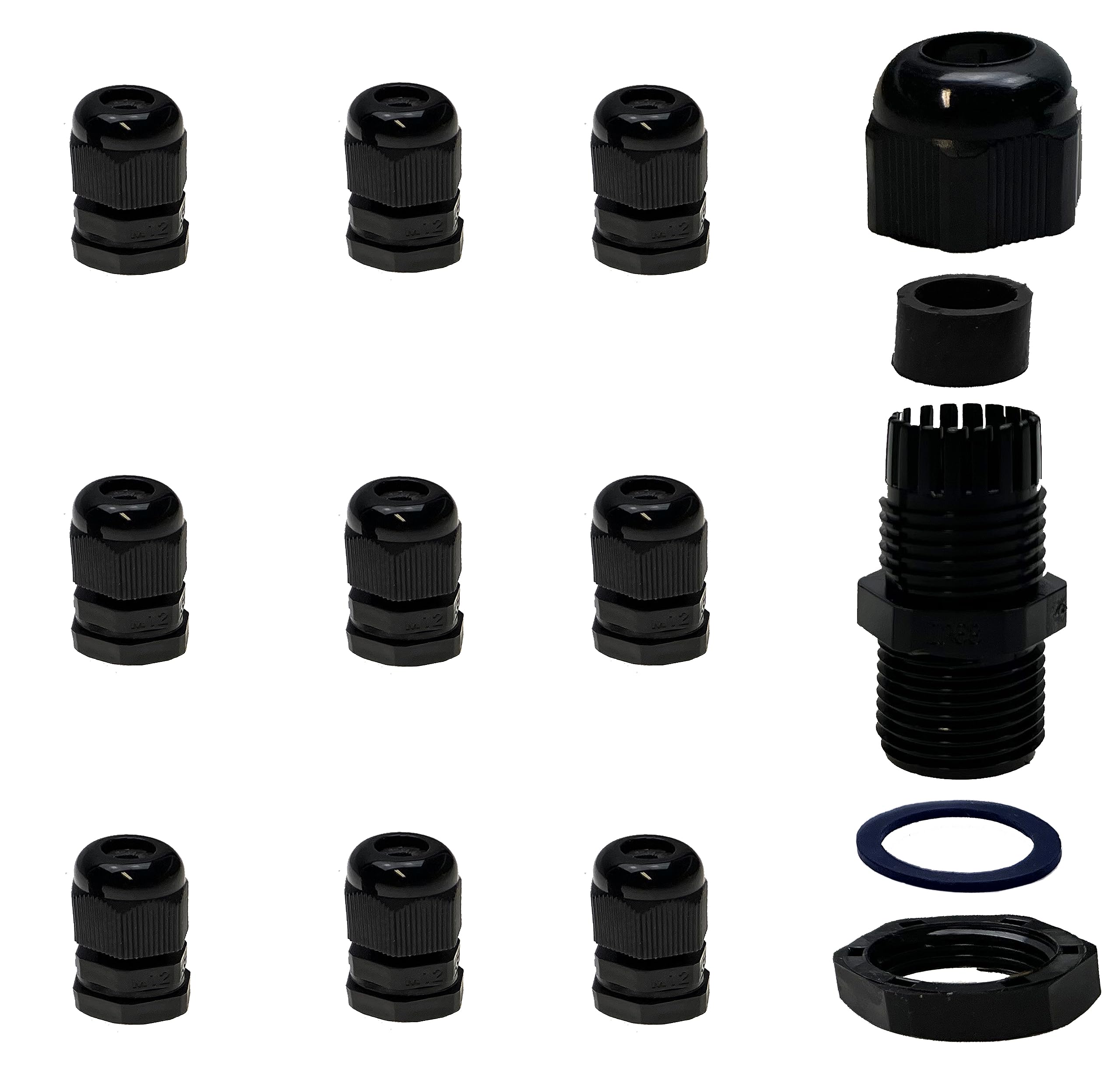Alkan Glándulas de cable de plástico M12 x 1,5 IP68, 10 unidades, 3-6,5 mm | Pasacables métricos negros con contratuerca, impermeable IP68, paso de cable para cables y cables