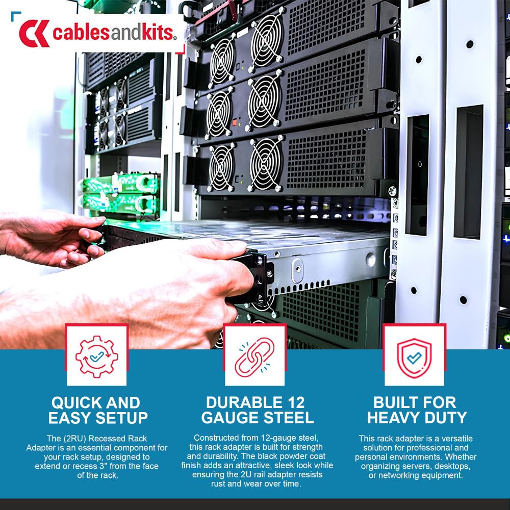 CablesAndKits 2RU (2 Unidades de Rack) Adaptador de Rack Empotrado, 3 Pulgadas de Hueco Desde la Cara del Estante, para computadoras, servidores o Equipos de Red
