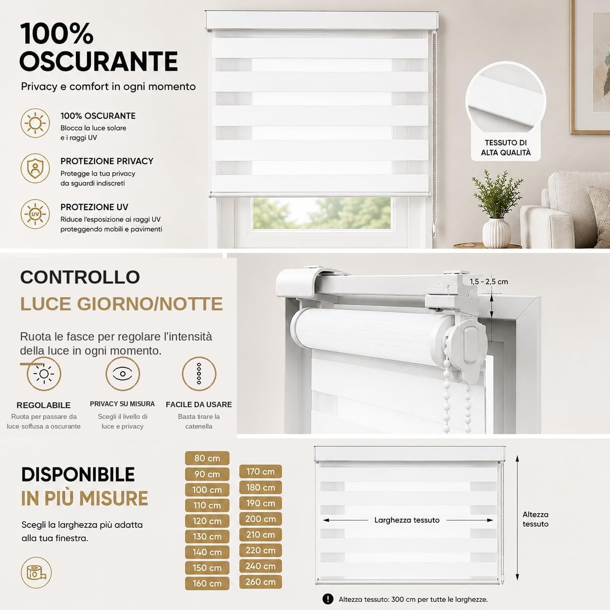 Tenda a Rullo per Interni Doppio Strato con Cassonetto e Catenella, Adatto a Finestra/Porta Finestra, Regolazione Luce e Privacy (Bianco001, 120x300)