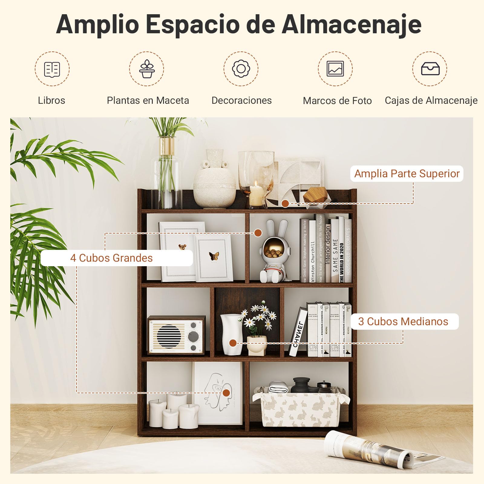 GOPLUS Librería de 7 Cubos Abiertos, Estantería de Madera de 3 Niveles con Kits Antivuelco, Mueble de Almacenamiento para Salón, Habitación Infantil, Estudio, Oficina, 80 x 20 x 90 cm (Marrón)