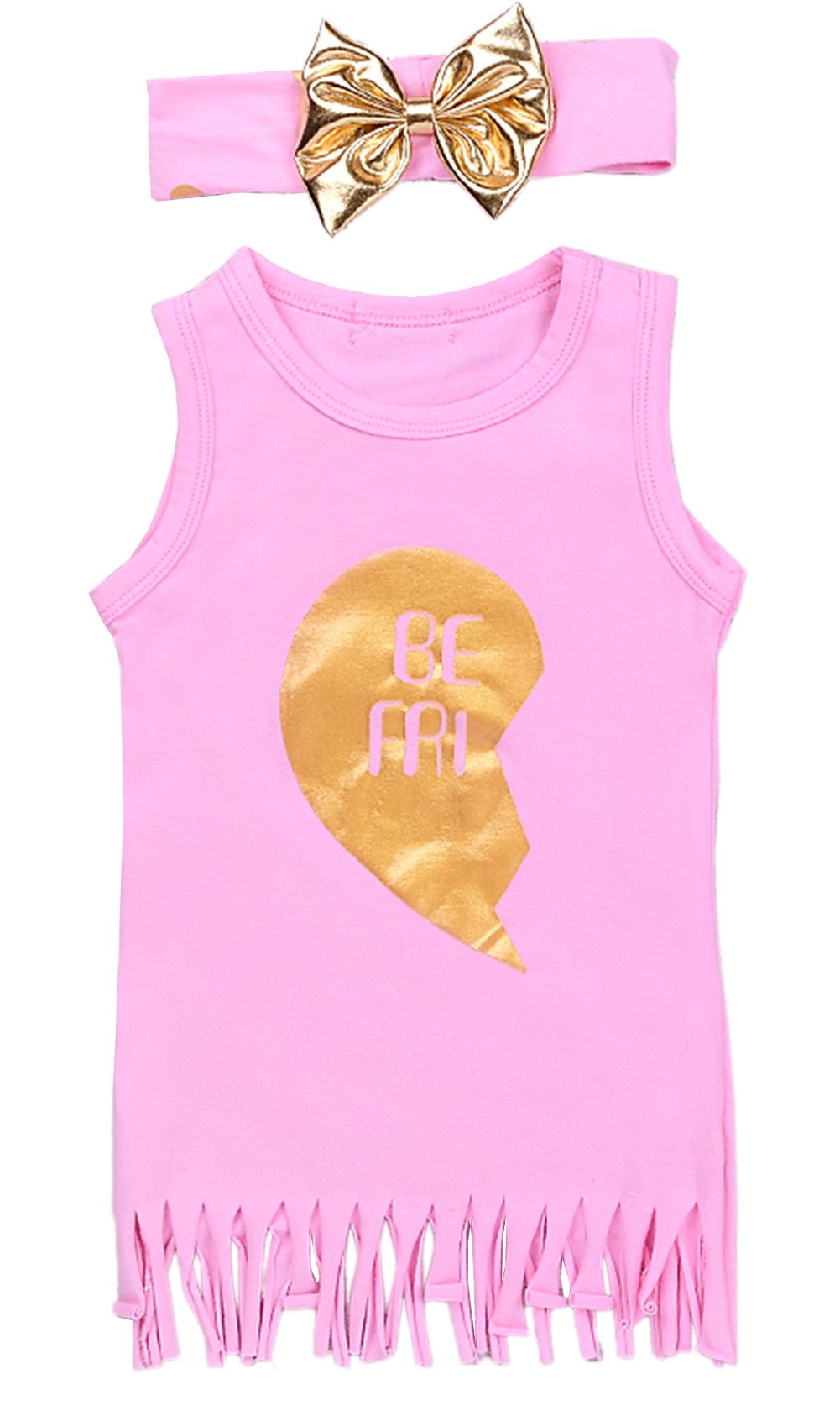 stylesilove Kids Girl Best Friend Twins Sleeveless Tassel T-Shirt Dress with Bow Headband 2pcs Clothing Set (Pink Left Heart, 80/6-12 Months)