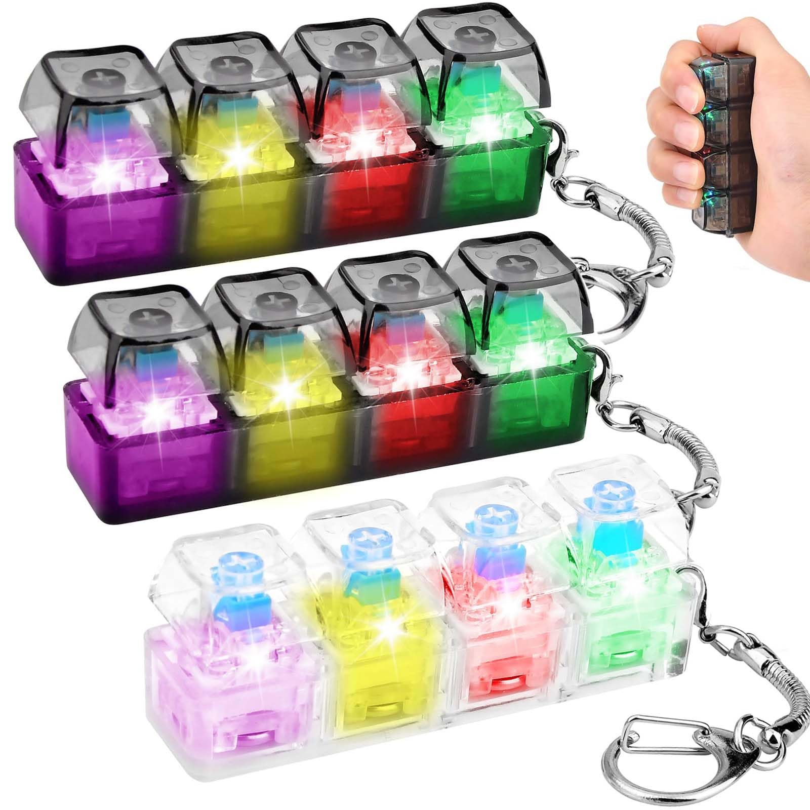 3Pcs Keyboard Fidget Toy, Light up Keyboard Fidget Toys for Adults, 4 Buttons Finger Keyboards Caps Stress Toys, Stress Relief Desk Toy Gifts for Office, School, Travel, Compact Size Keychain