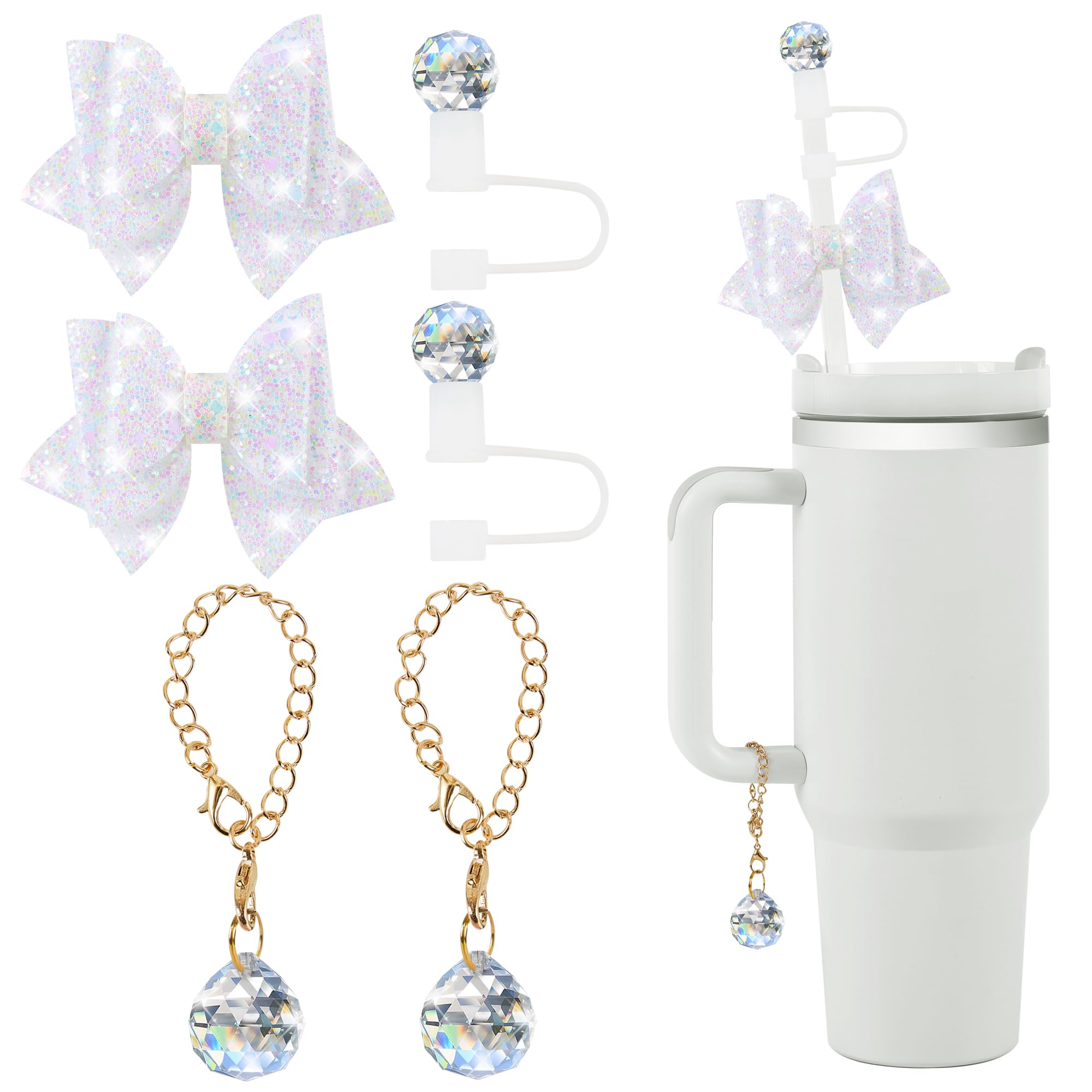 Odiwellan Bling Straw Cover for Stanley Cup Accessories -Sparkling Crystal Toppers, Cute Bow Ties and Crystal Prism Chain Charms for 30&40 0z Tumbler