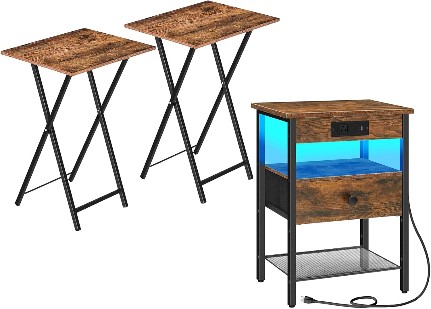 HOOBRO TV Tray and Nightstand Bundle, Set of 2 Side Table for Small Space, End Table with Charging Station, BF25BZ01-BF209UDBZ01