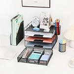 Organisateur de bureau avec support de fichier, 4-Tier Organisateur de bac à papier lettre avec tiroir & 2 Supports de stylo, Organisateurs de bureau et accessoires, Organiseur de fichiers de bureau Mesh et stockage pour les fournitures de bureau