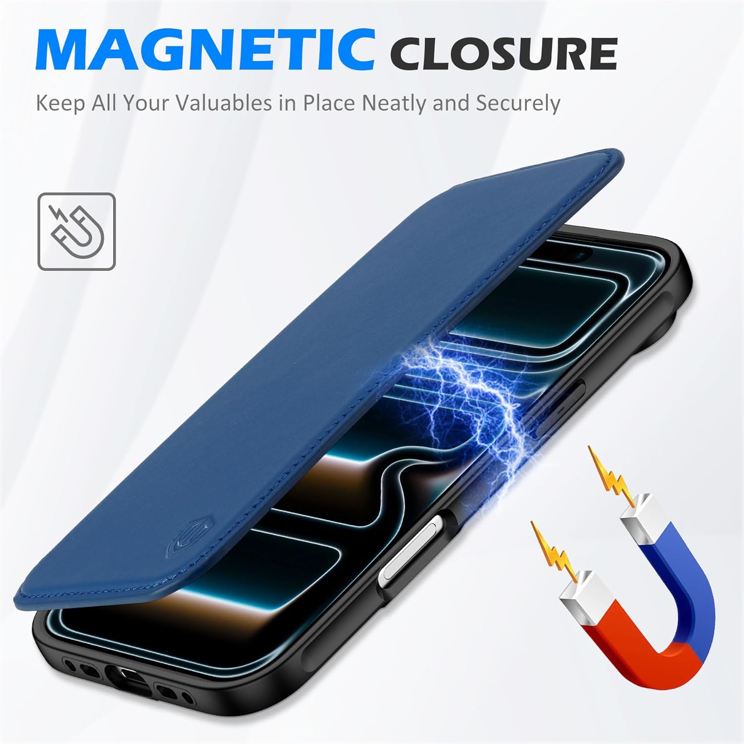 SHIELDON Slim Genuine Leather Wallet Case for iPhone Air 6.5-inch 2025 | Wireless Charging, Folio Magnetic Closure, RFID Blocking Credit Card Holder, Shockproof Phone Cover - Royal Blue