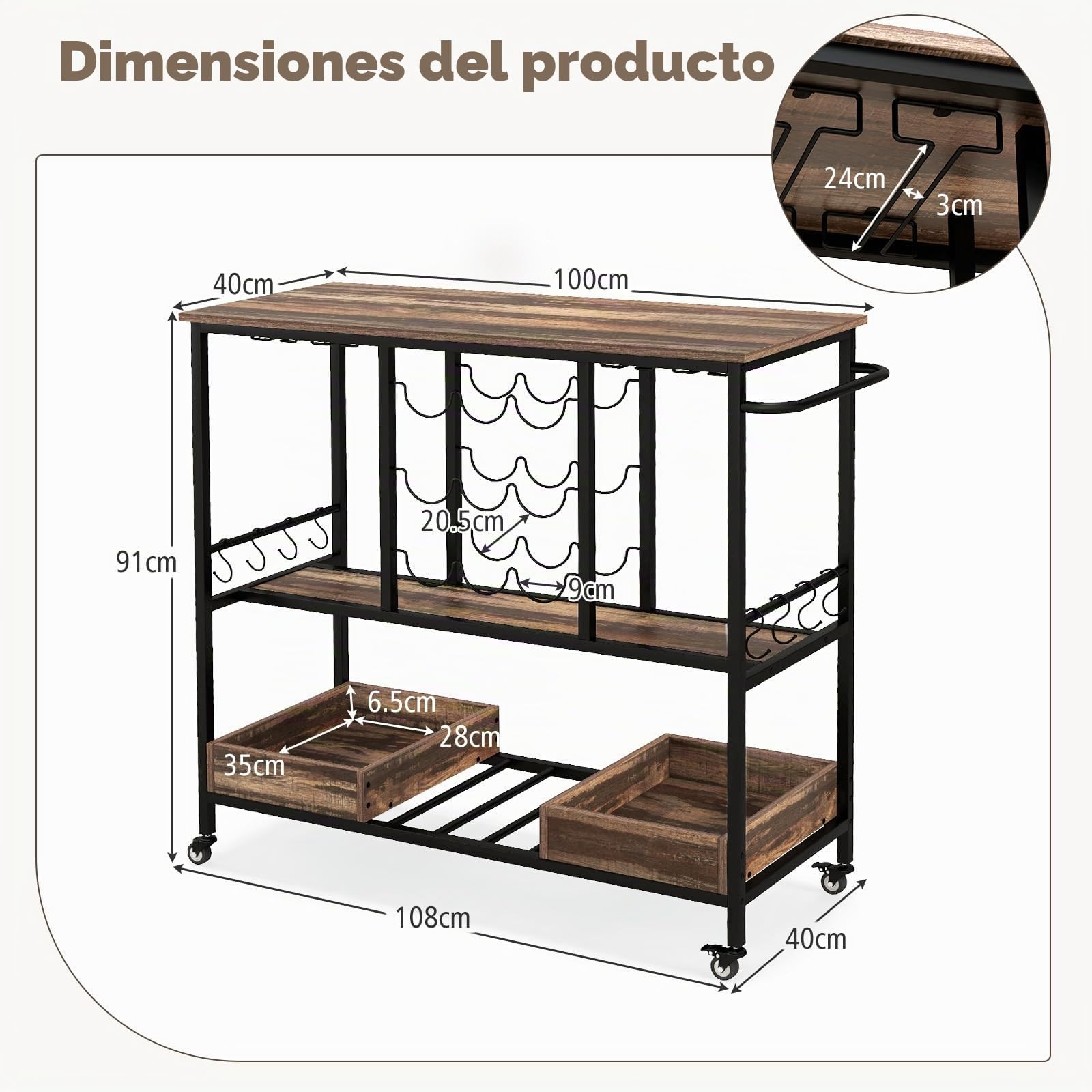 KOMFOTTEU Carro de Cocina con Ruedas, Carrito de Servicio de 3 Niveles, Carro Auxiliar con Soportes para 8 Copas y 9 Botellas, Carro de Almacenaje Industrial con 8 Ganchos y 2 Cajas (Gris)