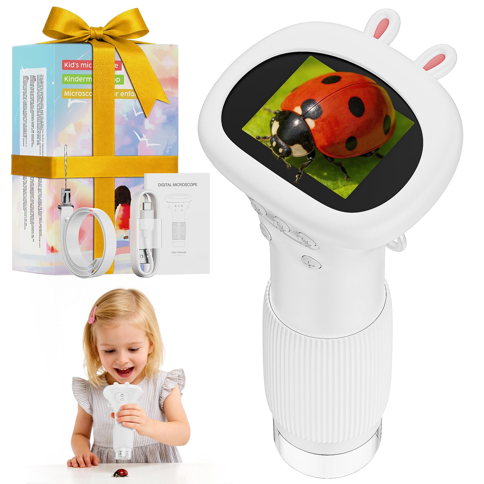 ASPOVEN Microscopio Bambini Portable Zoom 1000X - Microscopio Digitale Mini Ricaricabile, Microscopi con Definizione 8 Luci LED Regolabili, Bambini Giocattolo Educativo, Regalo di Natale(Bianco)