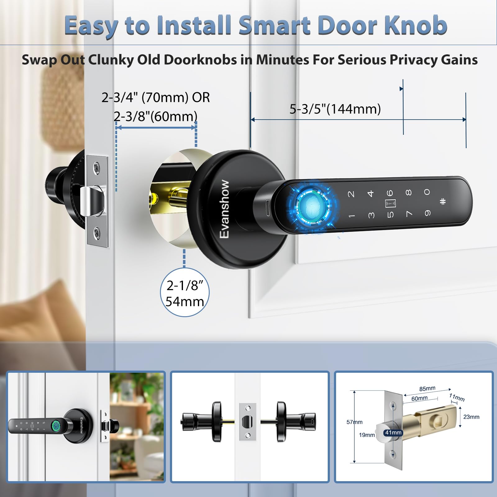 Evanshow Fingerprint Door Lock Biometric Door Knob with Keypad Keyless Entry, 5-in-1 Door Locks for Bedrooms(Fingerprint/App/Code/Key/IC Card), Home Hotel Office Apartment