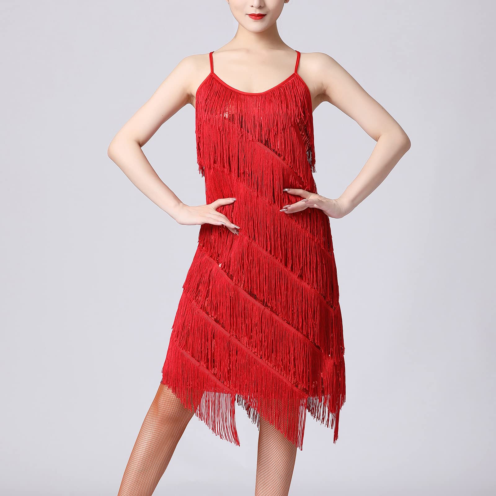 ODASDO Latein-Tanzkleid für Damen, Erwachsene, glänzende Pailletten, Quasten, Spaghettiträger, Salsa, Tango, Ballsaal, Kostüm, Tanzkleidung