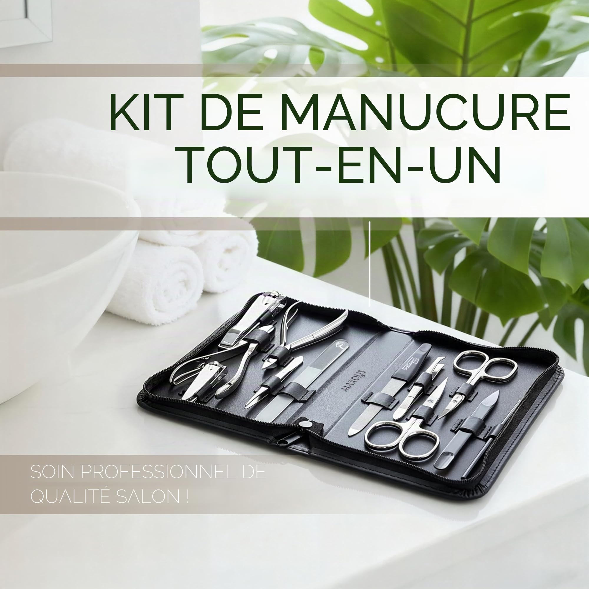 marQus Kit Manucure set 12 Pièces en Acier Solingen Allemagne – Coupe-Ongles, Lime à Ongles, Pince à Épiler, Étui en Cuir – Coffret Cadeau Femme & Homme, noir