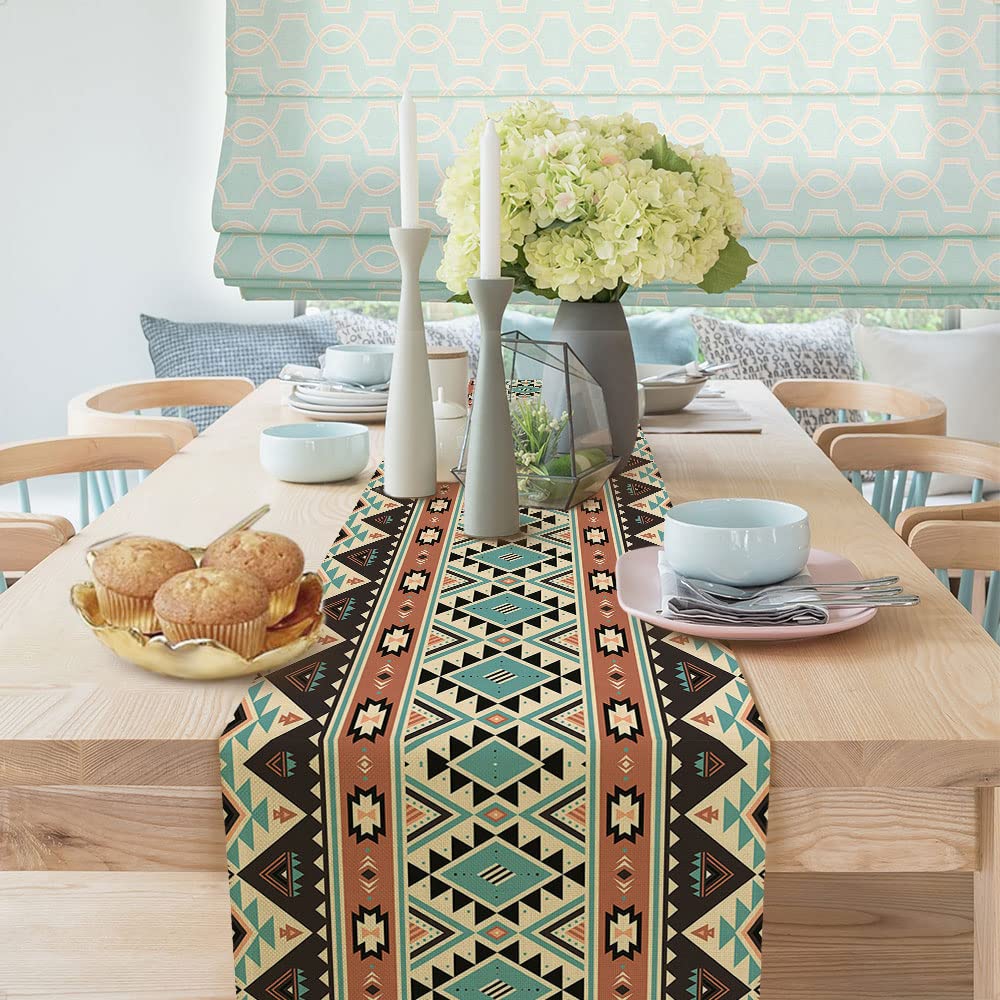 Aztekischer Tischläufer Im Ethno-Boho Design – Retro-Geometrie Für Esstisch, Küche Oder Wohnzimmer