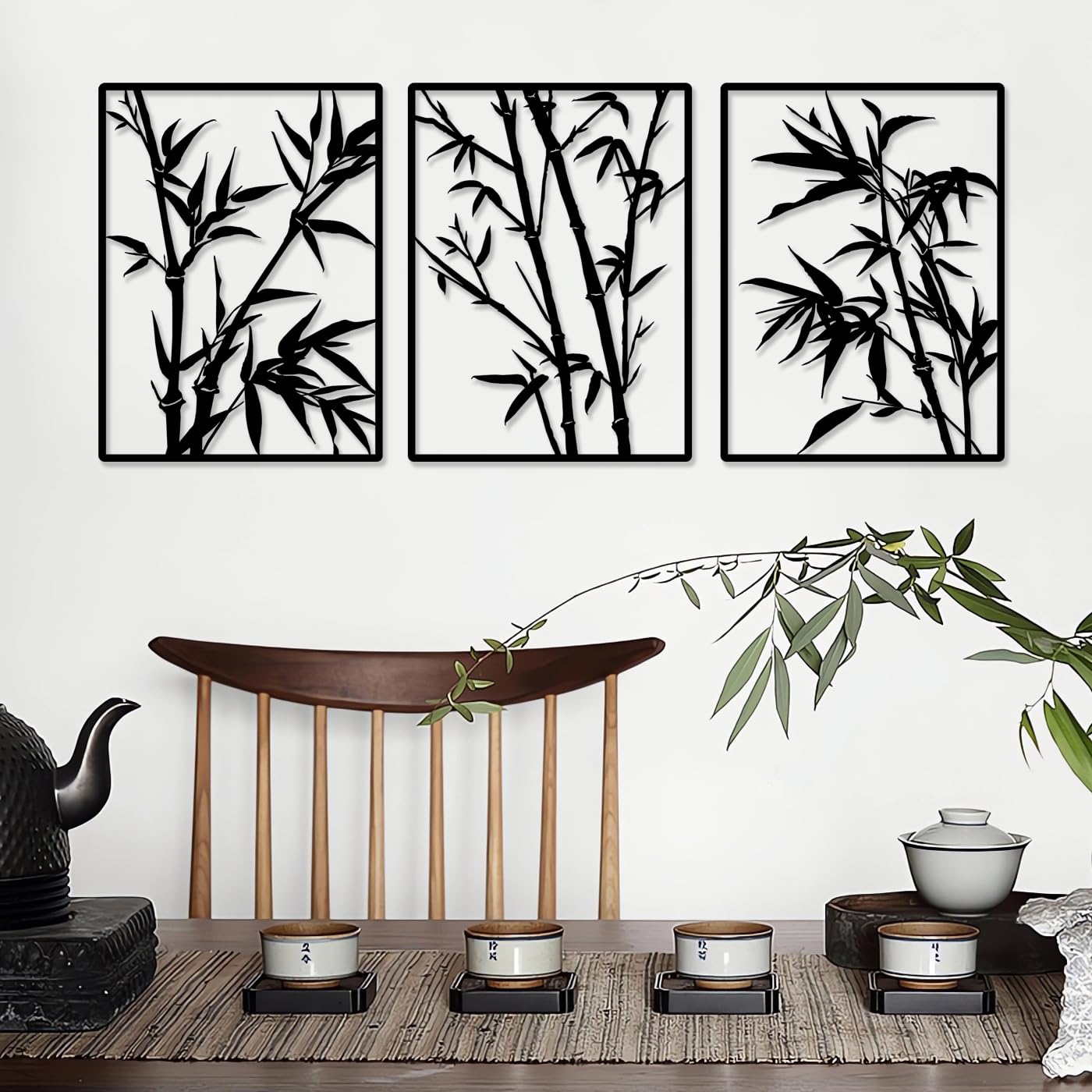 Pduoduo Decoración de pared de bambú de metal grande, decoración de pared de metal, letrero colgante de árbol, escultura de bambú para decoración de pared, paquete de 3 (total 50 x 22 pulgadas)