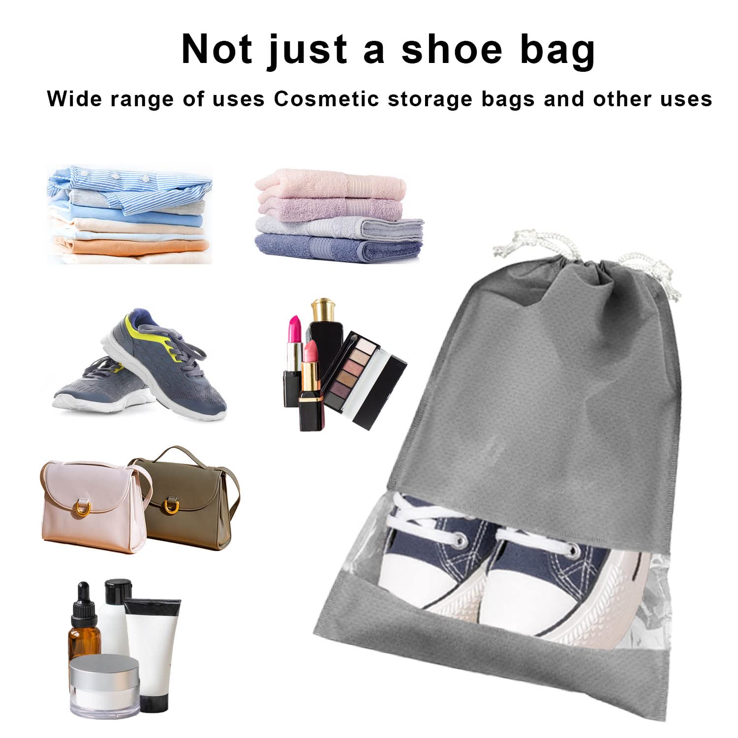 Lovesmile Torba na buty, 10 sztuk, włóknina, zapięcie na sznurek, szare, 2 różne rozmiary, pyłoszczelne, wodoodporne, lekkie, przezroczyste okienko, 10 szt, Szary, Czas wolny