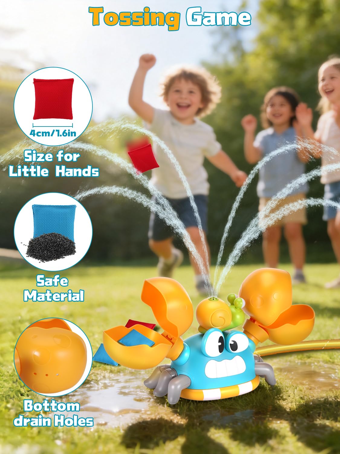 3-in-1 Giochi da Giardino da Esterno, Irrigatore per Bambini Forma di Granchio con Prendi la Palla e Lancia, Regalo Creativi per Bambino, Il Giocattoli Estivo Perfetto per Bambini 3 4 5 6 7 8 9 Anni