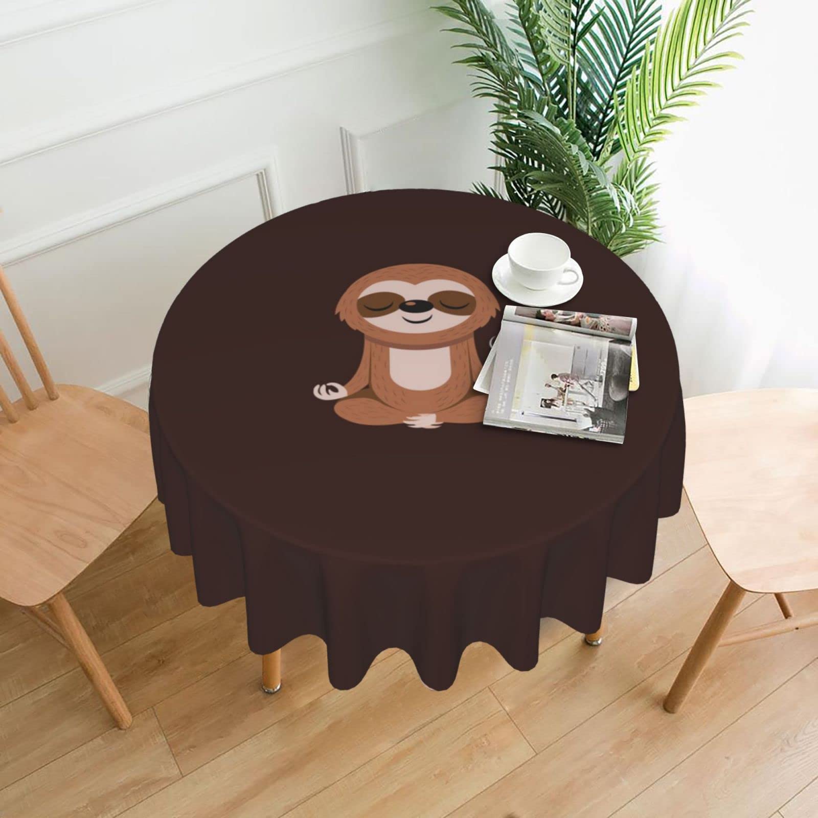 Lawenp Yoga Sloth Coffee Decorative Round Table Cloths - 60 Inches in Diameter for Buffet Tables, Parties, Holiday Dinners.