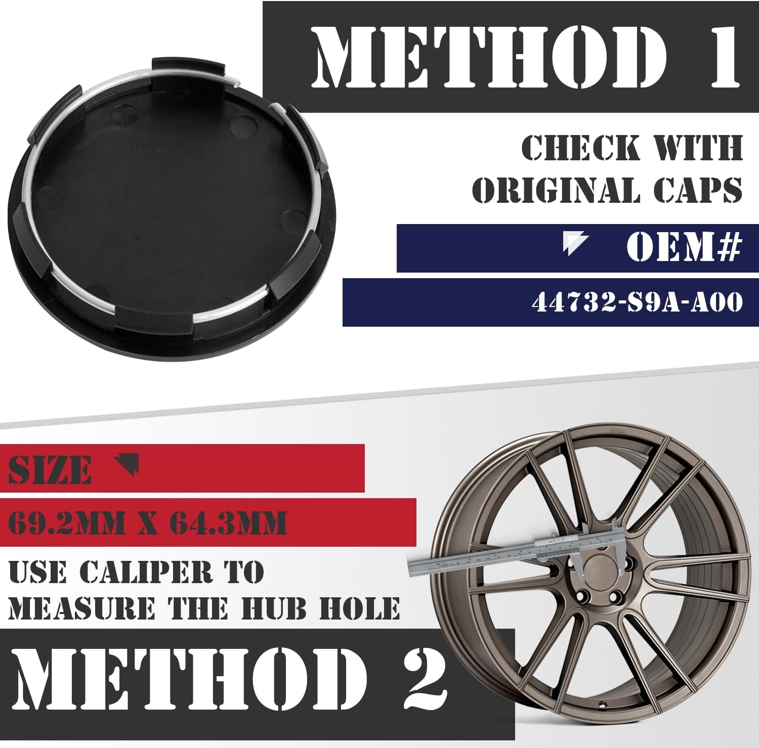 KitsPro 2.7Inch 69MM Wheel Center Caps for Honda 44732S9AA00 Rim Hub Caps, Pack of 4 (Gloss Black, Outer 69MM, Inner 64MM)
