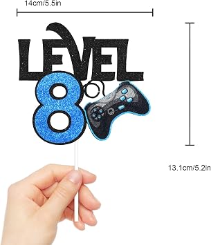 Level 8 Game Birthday Cake Topper - Video Game Boy's 8th Birthday Level Up Party Blue Cake Topper Supplies - Game On Winner Gaming Party Decoration