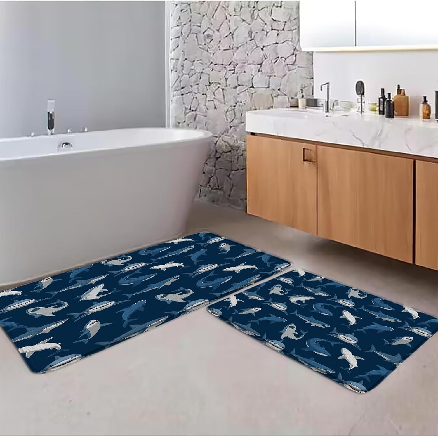 GCTNBJL Shark Bath Mat Navy Blue Ocean Animal Shark Open The Mouth Danger Humor Fish Sea Marine NauticalBathroom Kitchen Memory Foam Rug,16x24 and 16x48