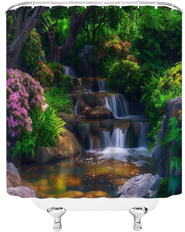 Nature Garden Shower Curtain Waterfall Colorful Floral Tropical Plant Jungle Rainforest Natural Scenery Landscape Fabric Bathroom Decor Curtain with Hooks
