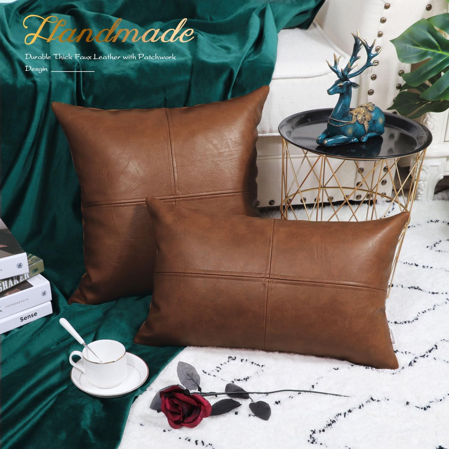 BRAWARM Faux Leather Lumbar Throw Pillow Cover 12x20 Inches, Brown, 1PC image 4