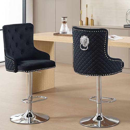 Juego de 2 taburetes de bar de terciopelo, modernos taburetes giratorios ajustables en altura de mostrador con respaldo alto copetudo, base cromada,