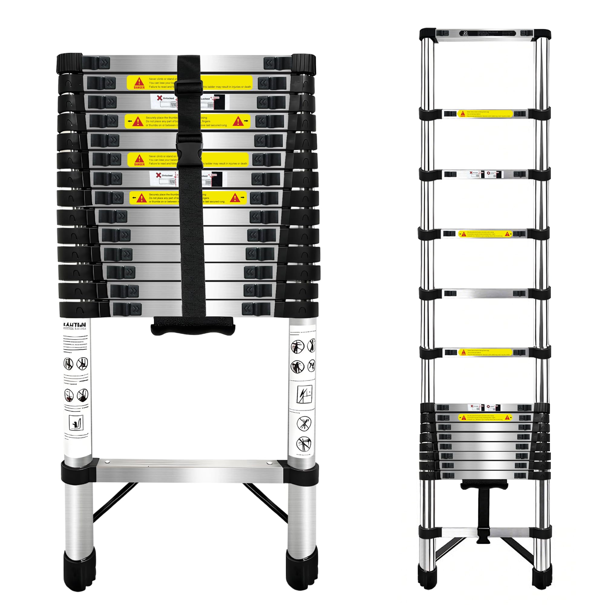 Escalera Telescópica de 4.4m,Escalera Plegable Acero Inoxidable,Escalera con Cierre de Seguridad con Patas Antideslizantes,Escalera Extensible,para Mantenimiento,Techos,Camping,MáXima 150 Kg