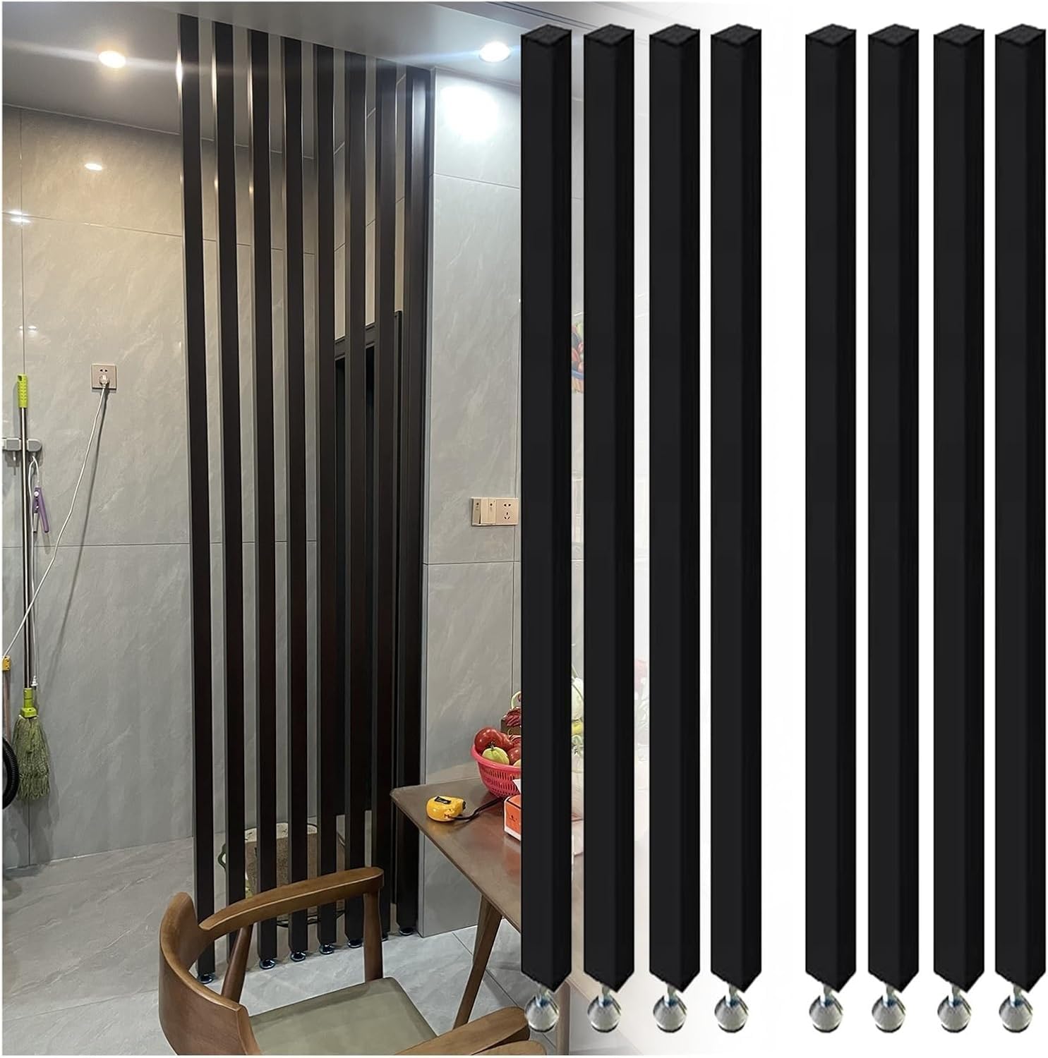 AVLLSO Privacy Protection Screen Partition Black Wood Slat with Adjustable Foot, for Hallway Bathroom Balcony, Space Saving, Decorative(Black 8pcs,235cm/92.5in/7.7ft)