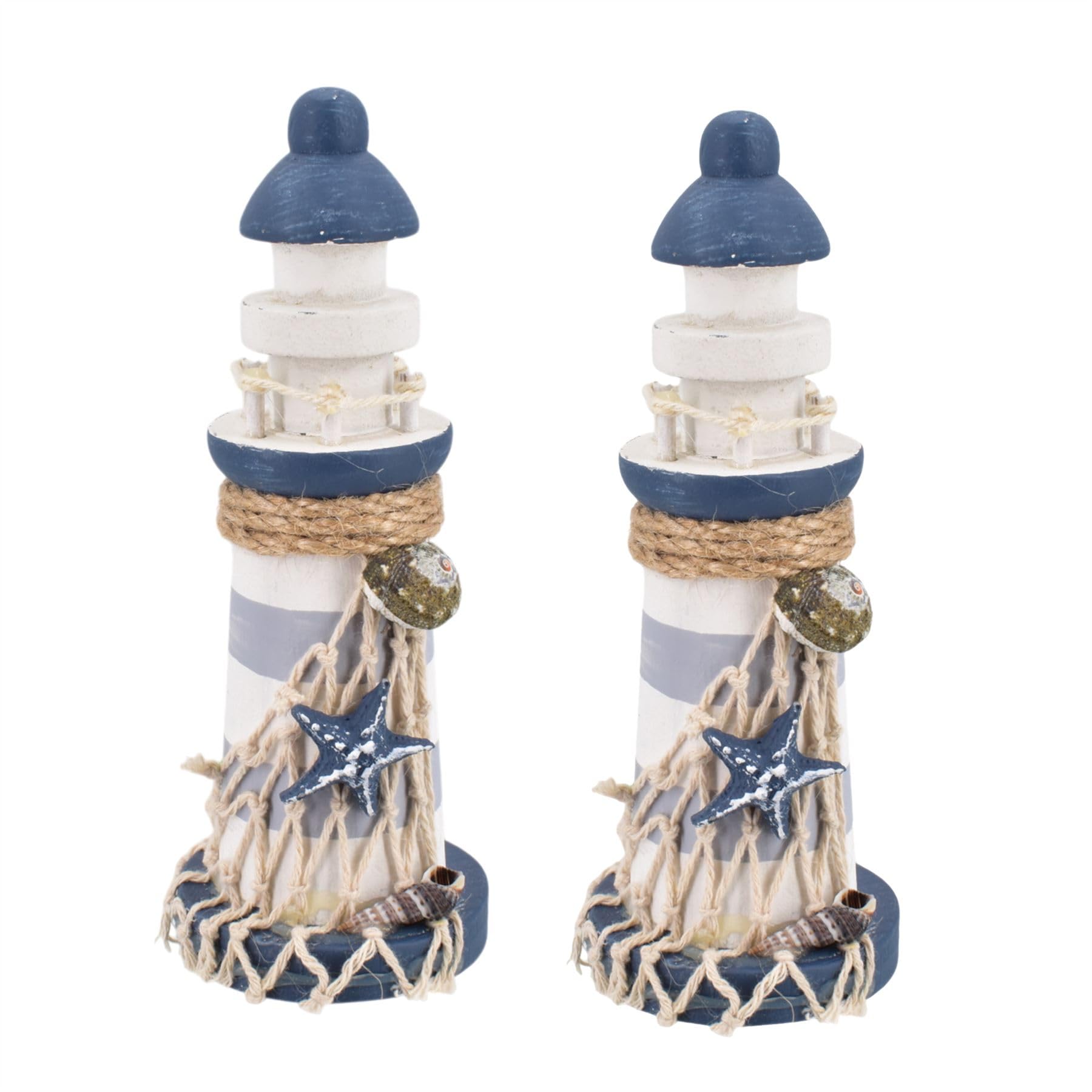 Carousel Home Blue Set Of 2 Nautical Lighthouse Ornaments | 15Cm Wooden Lighthouse Decorations Coastal Home Decor With Rope, Netting, Starfish & Seashells
