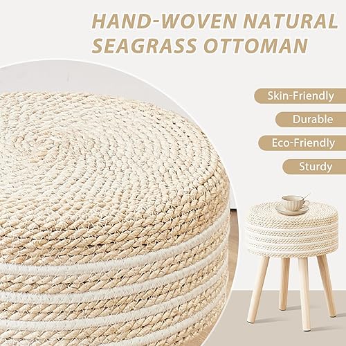 Miniatura 39 de Cpintltr Reposapiés redondo otomano natural de algas marinas con patas de madera maciza, reposapiés de jacinto tejido a mano, taburete para sala de