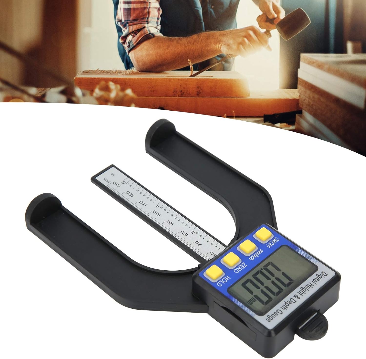 Estink Digital Depth Gauge being used to measure the depth of a groove in a wooden workpiece.
