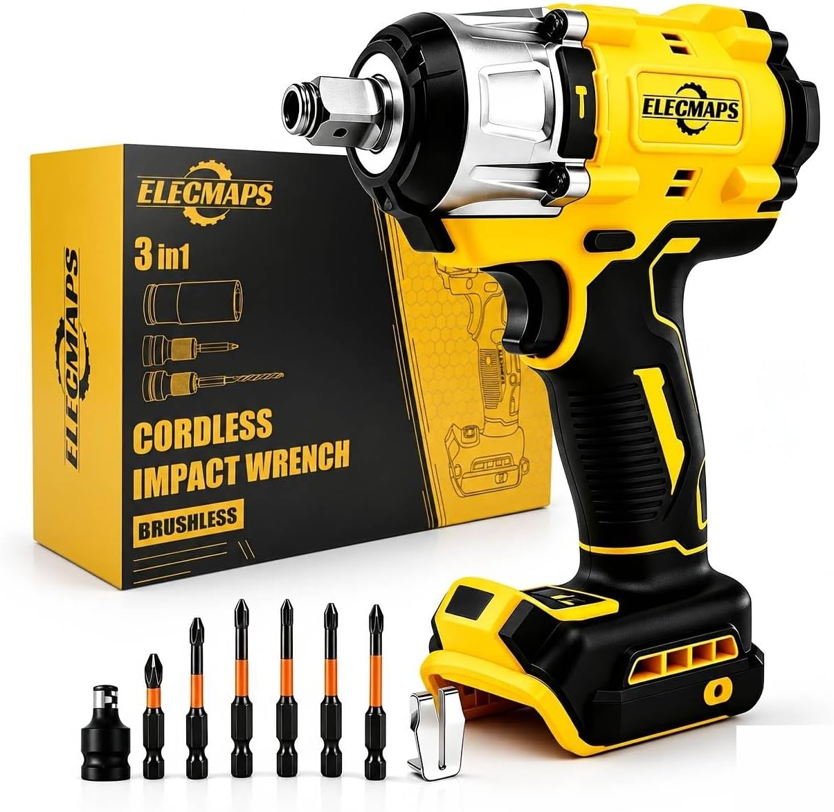 1/2-Inch Cordless Brushless Impact Wrench, 3-in-1 High-Torque Power Tool with Adapters,for Automotive Repair, Construction and DIY Projects (Pro Impact Wrench)