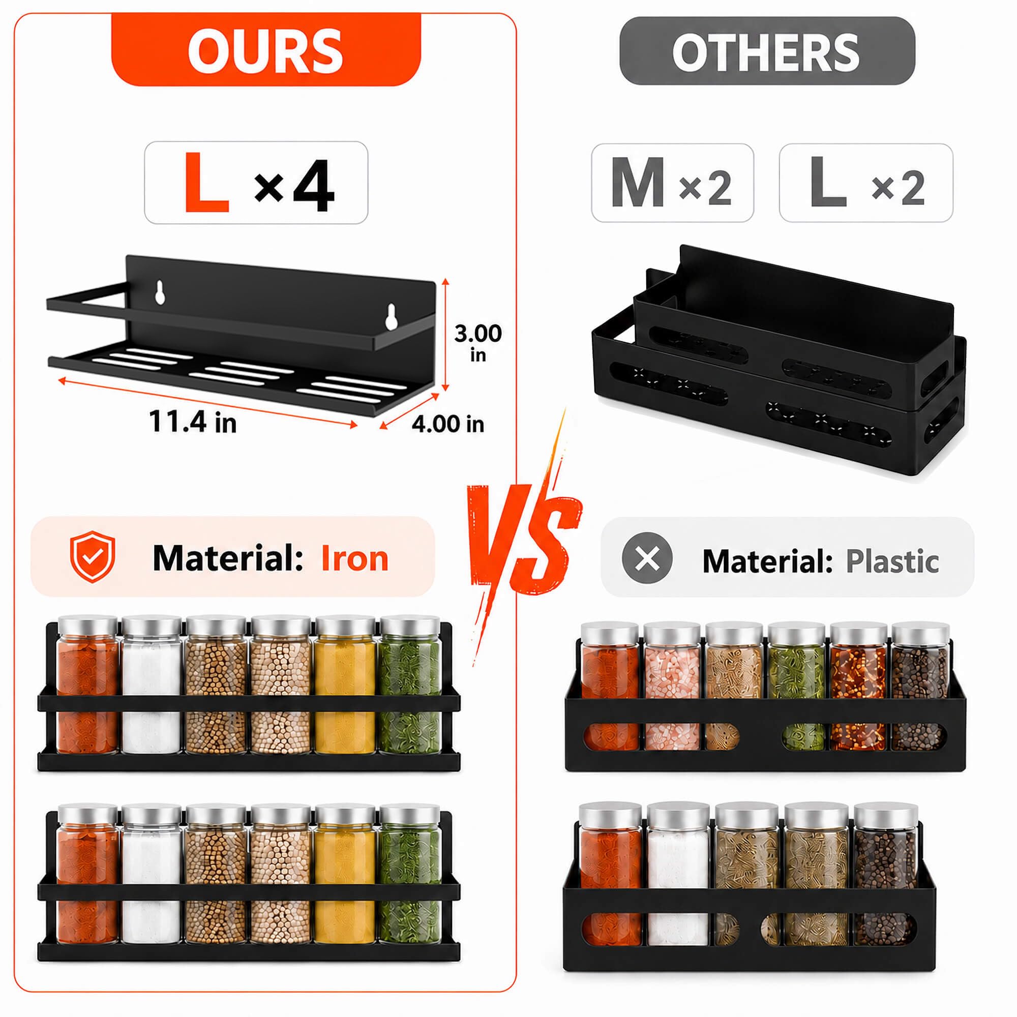 Magnetisches Gewürzregal für Kühlschrank, Gewürz-Organizer für Küche, Aufbewahrung mit Schraube, magnetisches Regal für Ofen, Wohnmobil, Garage, Badezimmer (Schwarz, 4er-Pack)